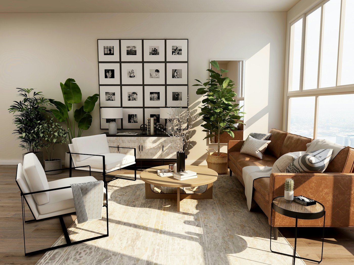 Interior com sofá, luz natural e materiais acolhedores