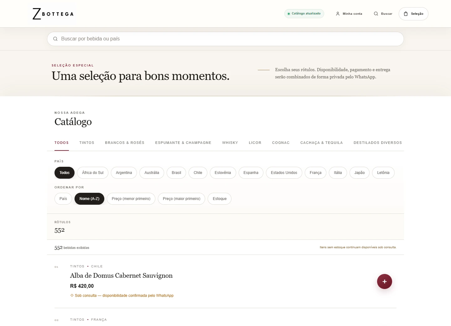 Tela real do catálogo digital Z Bottega
